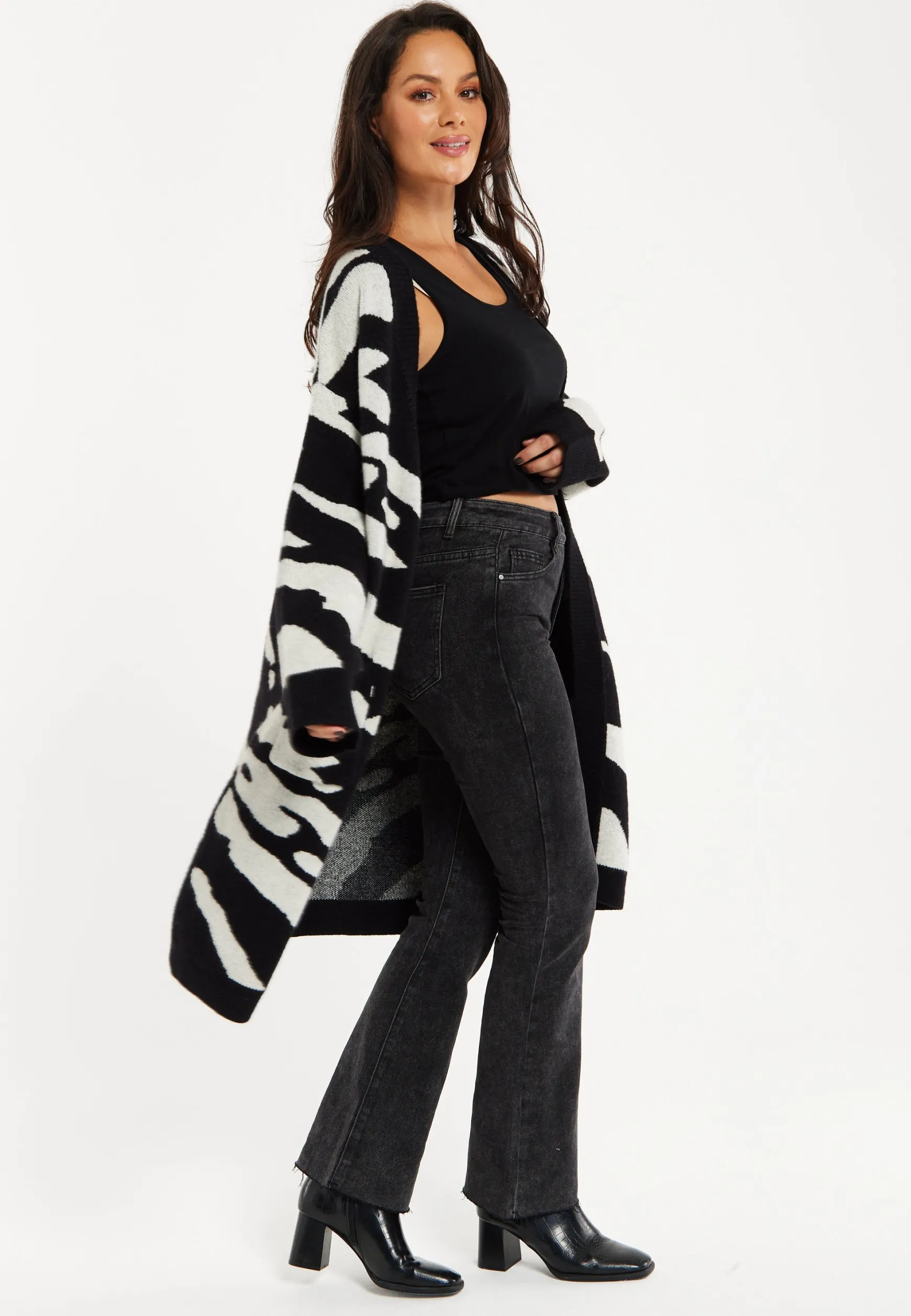 Women's Long Open Cardigan in Multi-Coloured Zebra Print with Oversized Fit by Liquorish