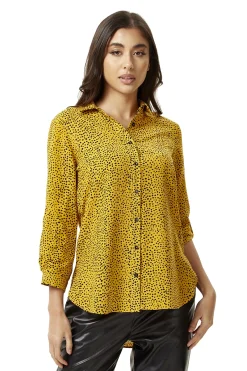Women's Long Sleeve Mustard Polka Dot Shirt with Button Cuffs and Soft Touch Fabric, Perfect for Casual Styling