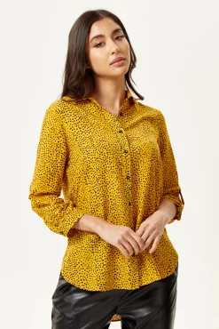 Women's Long Sleeve Mustard Polka Dot Shirt with Button Cuffs and Soft Touch Fabric, Perfect for Casual Styling