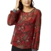 Women's Long Sleeve Red Leopard Print Top with Grey Elasticated Cuffs - Regular Fit, Perfect for Casual Wear