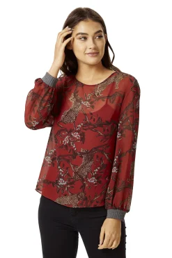 Women's Long Sleeve Red Leopard Print Top with Grey Elasticated Cuffs - Regular Fit, Perfect for Casual Wear