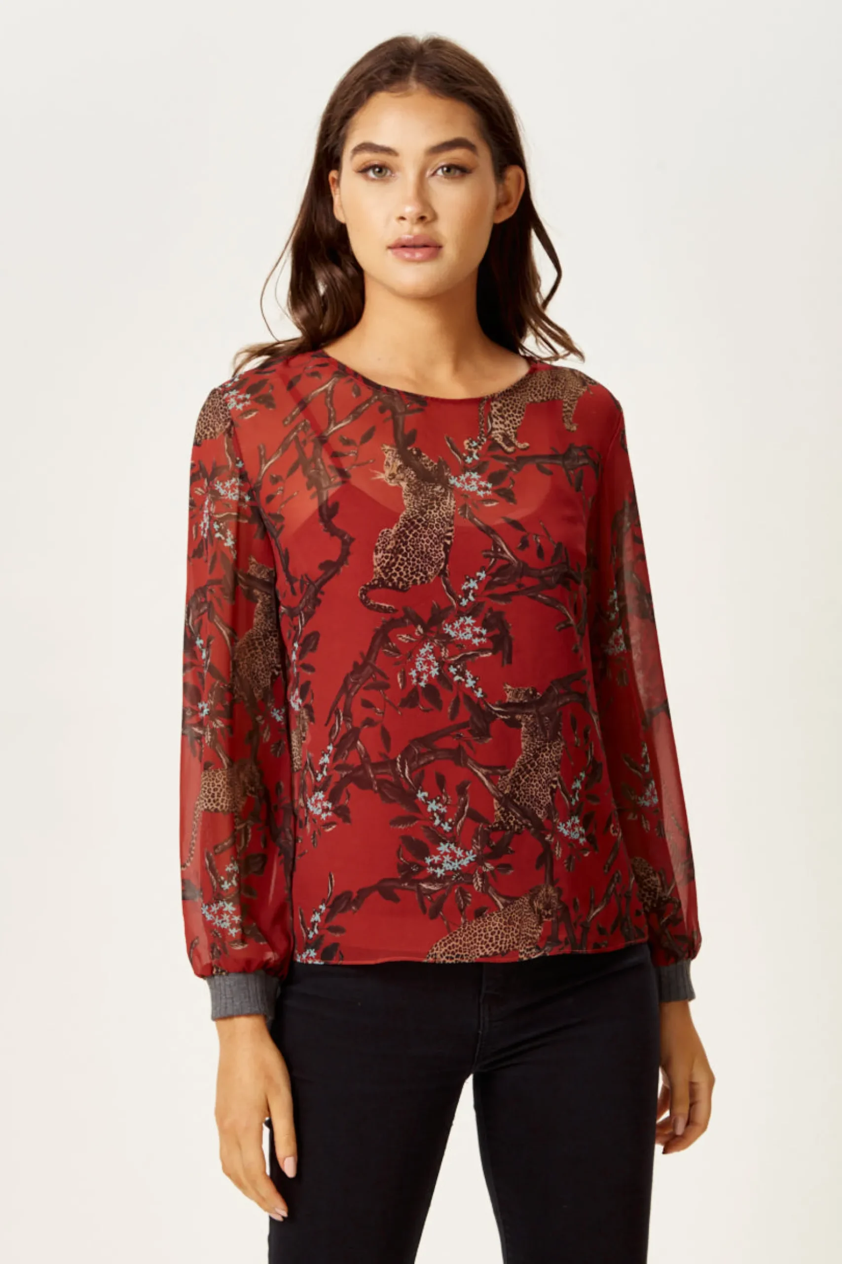 Women's Long Sleeve Red Leopard Print Top with Grey Elasticated Cuffs - Regular Fit, Perfect for Casual Wear