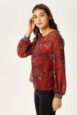 Women's Long Sleeve Red Leopard Print Top with Grey Elasticated Cuffs - Regular Fit, Perfect for Casual Wear