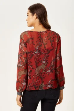 Women's Long Sleeve Red Leopard Print Top with Grey Elasticated Cuffs - Regular Fit, Perfect for Casual Wear