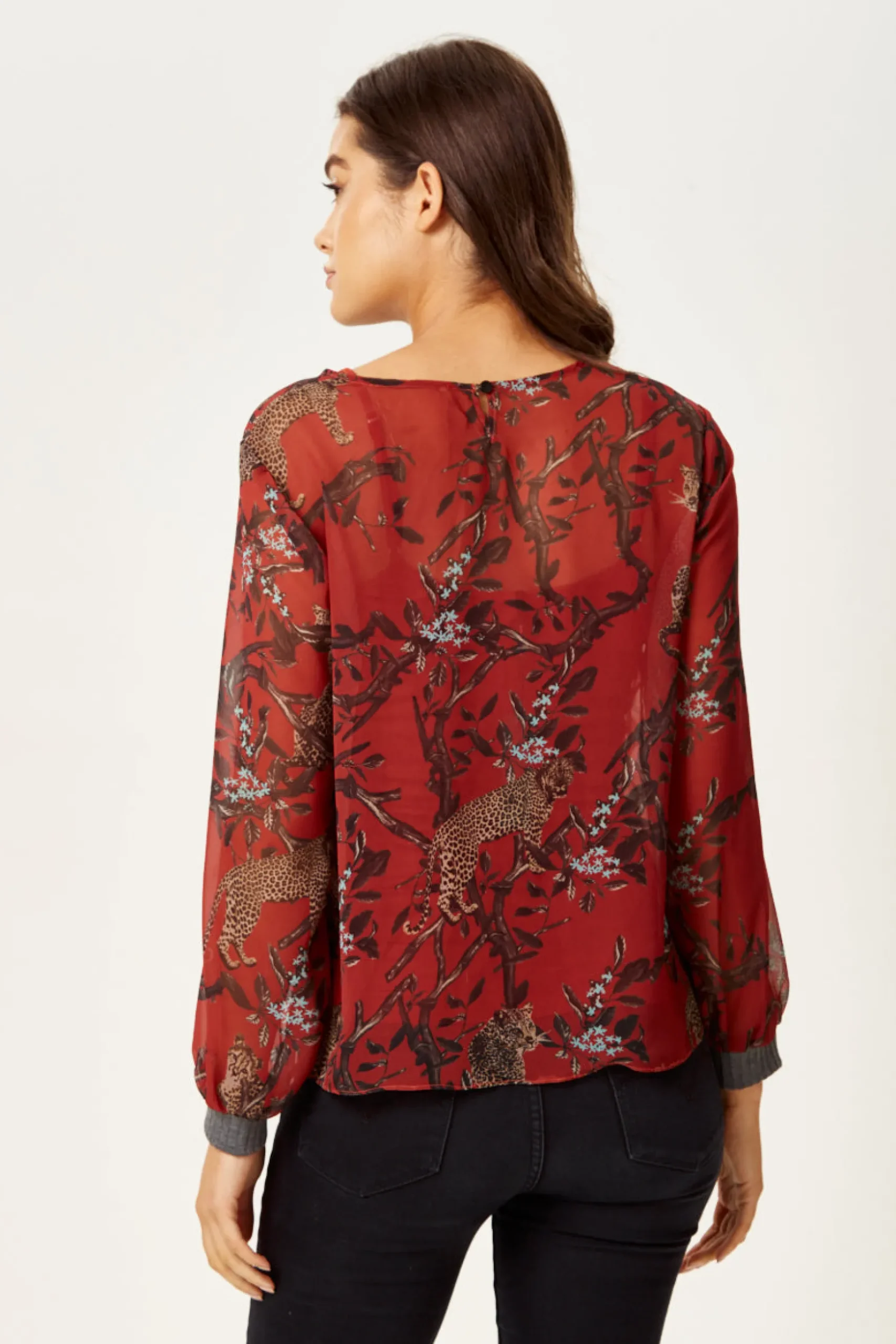 Women's Long Sleeve Red Leopard Print Top with Grey Elasticated Cuffs - Regular Fit, Perfect for Casual Wear