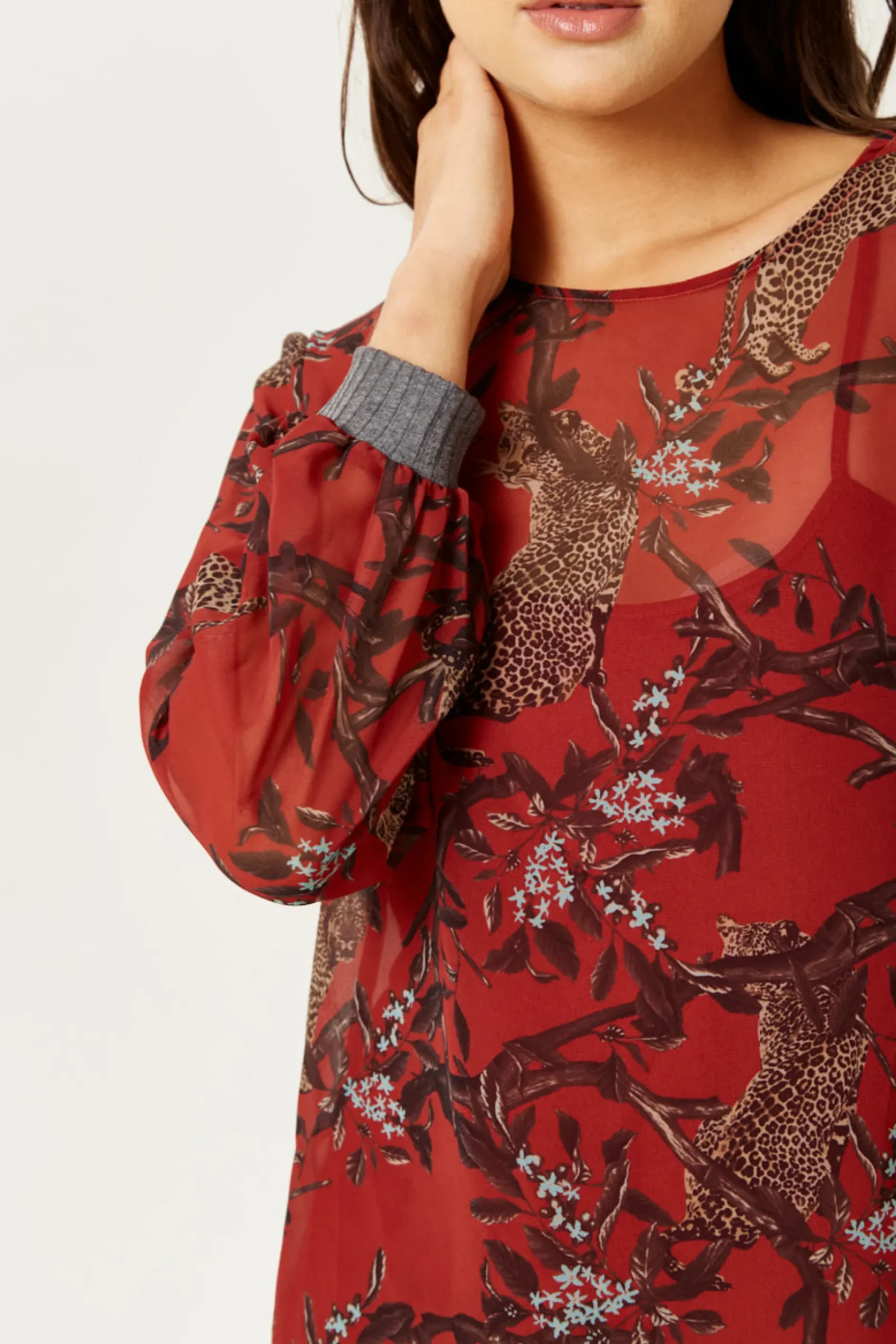 Women's Long Sleeve Red Leopard Print Top with Grey Elasticated Cuffs - Regular Fit, Perfect for Casual Wear
