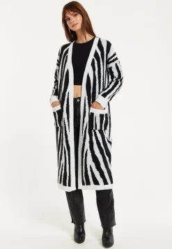 Women's Longline Black and White Zebra Pattern Cardigan with Pockets, Open Front - Liquorish