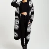 Women's Longline Black Cardigan with Eye Pattern, Open Front, Relaxed Fit - Liquorish
