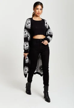 Women's Longline Black Cardigan with Eye Pattern, Open Front, Relaxed Fit - Liquorish