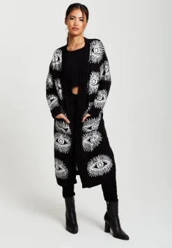 Women's Longline Black Cardigan with Eye Pattern, Open Front, Relaxed Fit - Liquorish