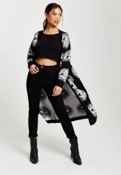 Women's Longline Black Cardigan with Eye Pattern, Open Front, Relaxed Fit - Liquorish