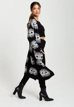 Women's Longline Black Cardigan with Eye Pattern, Open Front, Relaxed Fit - Liquorish