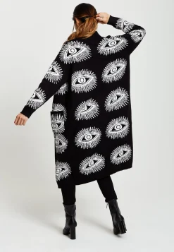 Women's Longline Black Cardigan with Eye Pattern, Open Front, Relaxed Fit - Liquorish