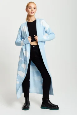 Women's Longline Cardigan in Light Blue with Cloud Pattern and Open Front Design - Liquorish