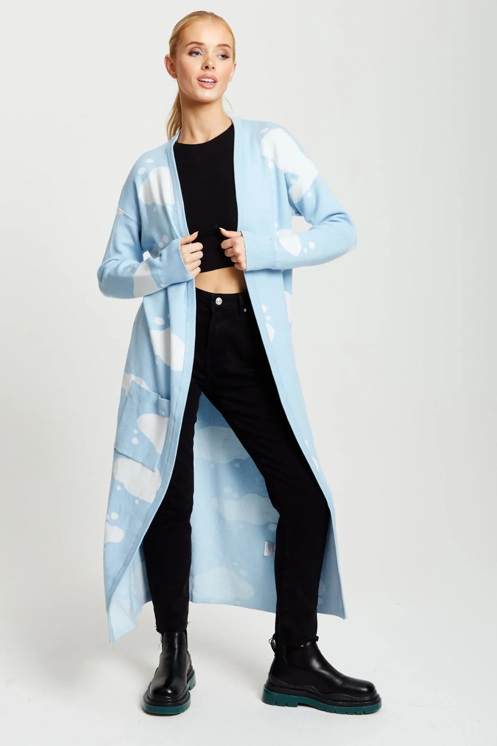 Women's Longline Cardigan in Light Blue with Cloud Pattern and Open Front Design - Liquorish