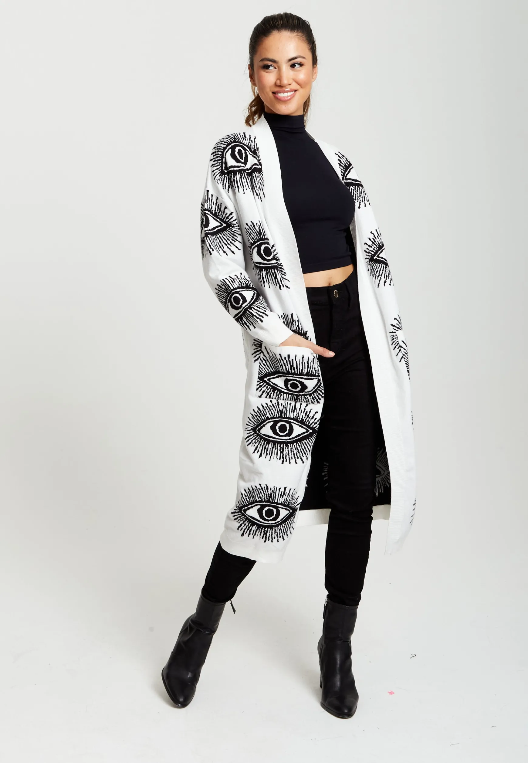 Women's Longline Cardigan with Eye Pattern, Open Front, White Color, Relaxed Fit - Liquorish