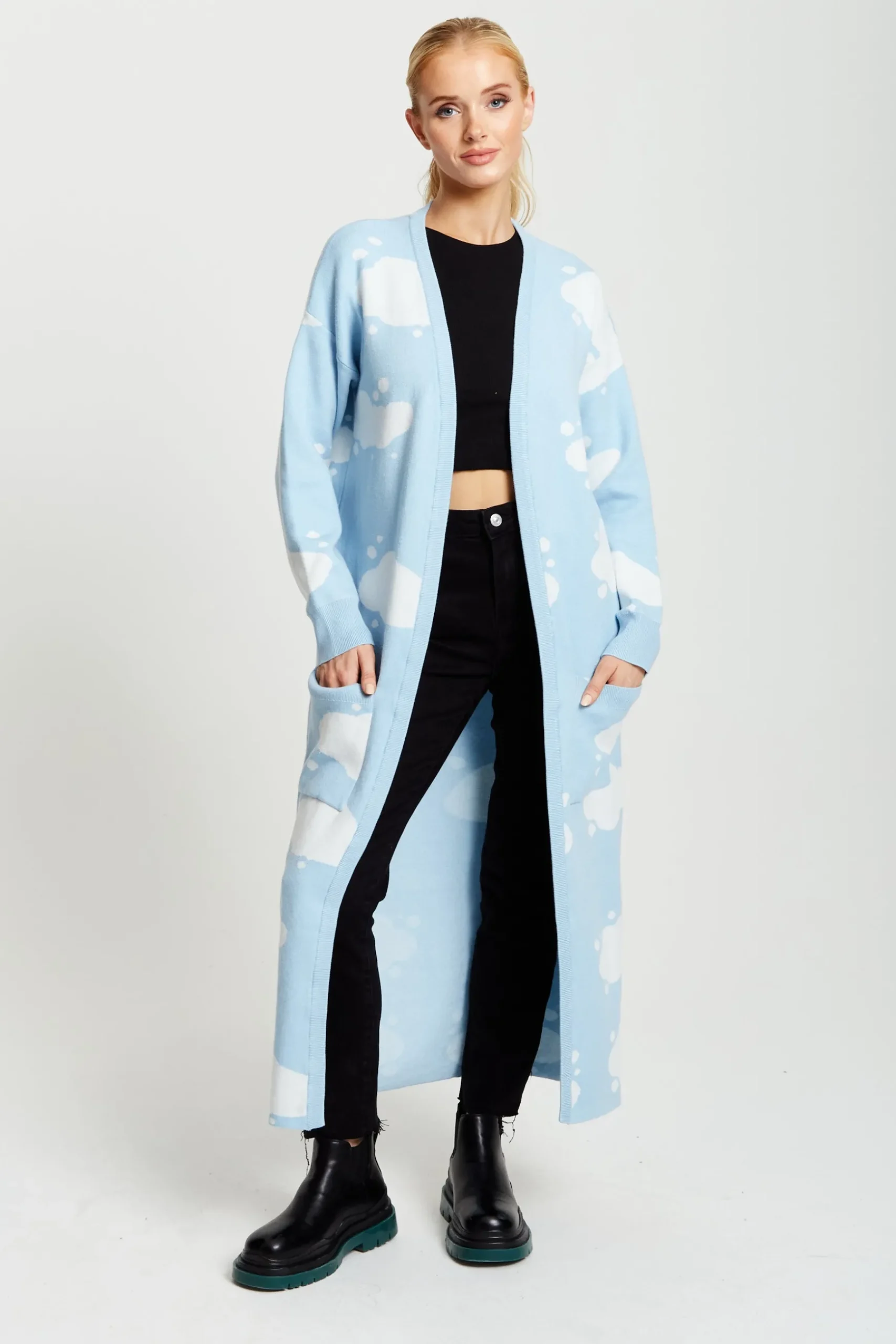 Women's Longline Cardigan in Light Blue with Cloud Pattern and Open Front Design - Liquorish