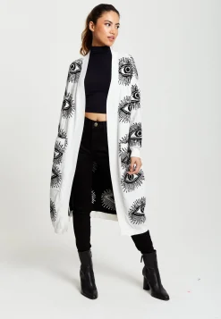 Women's Longline Cardigan with Eye Pattern, Open Front, White Color, Relaxed Fit - Liquorish