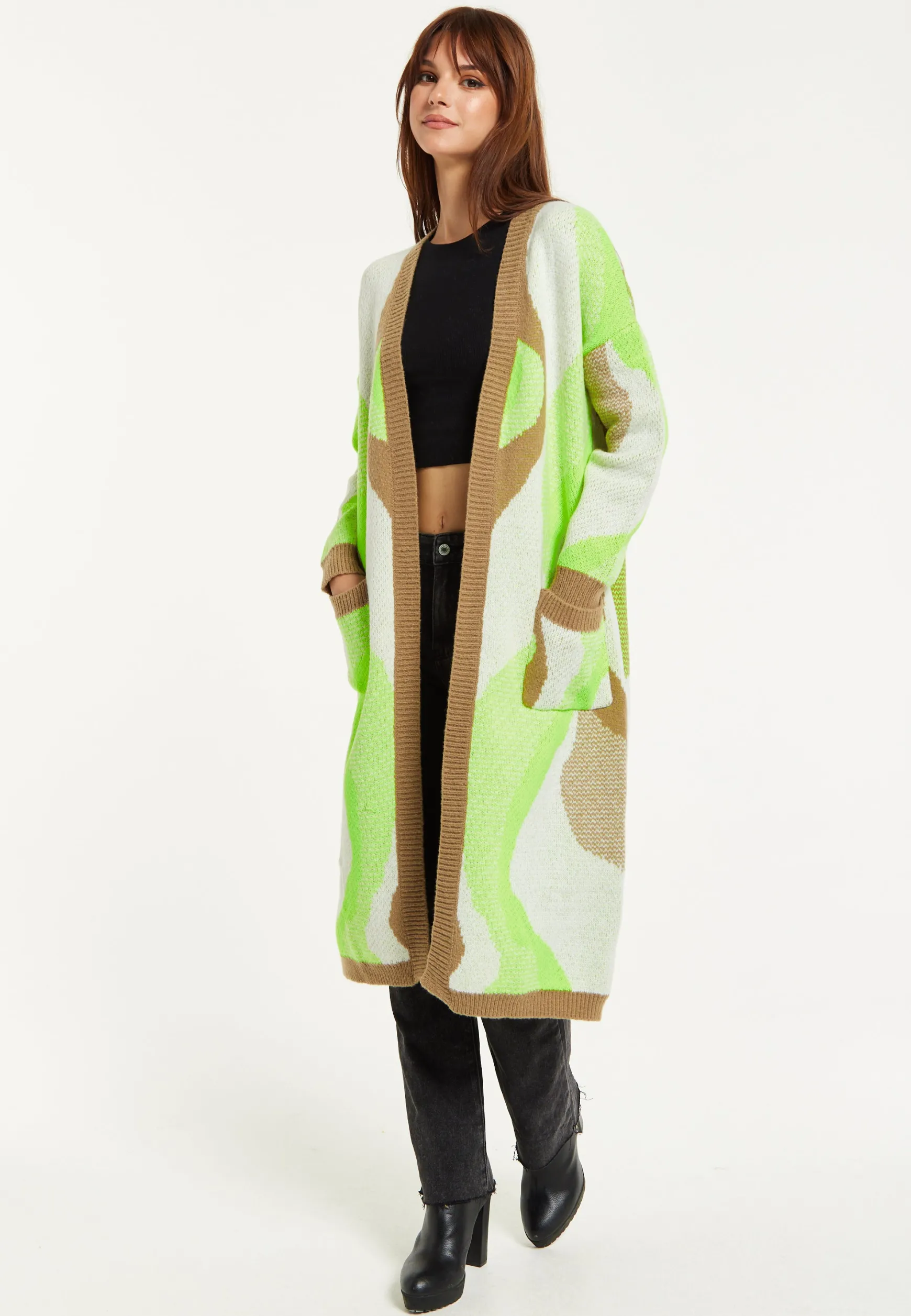 Women's Longline Cardigan in Brown, Green & White with Contrast Neckline & Pockets, Relaxed Fit, Liquorish