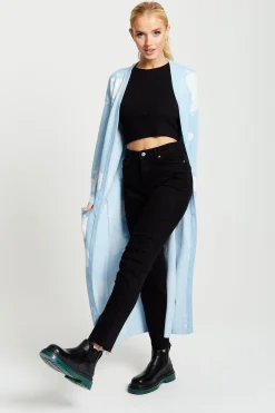 Women's Longline Cardigan in Light Blue with Cloud Pattern and Open Front Design - Liquorish