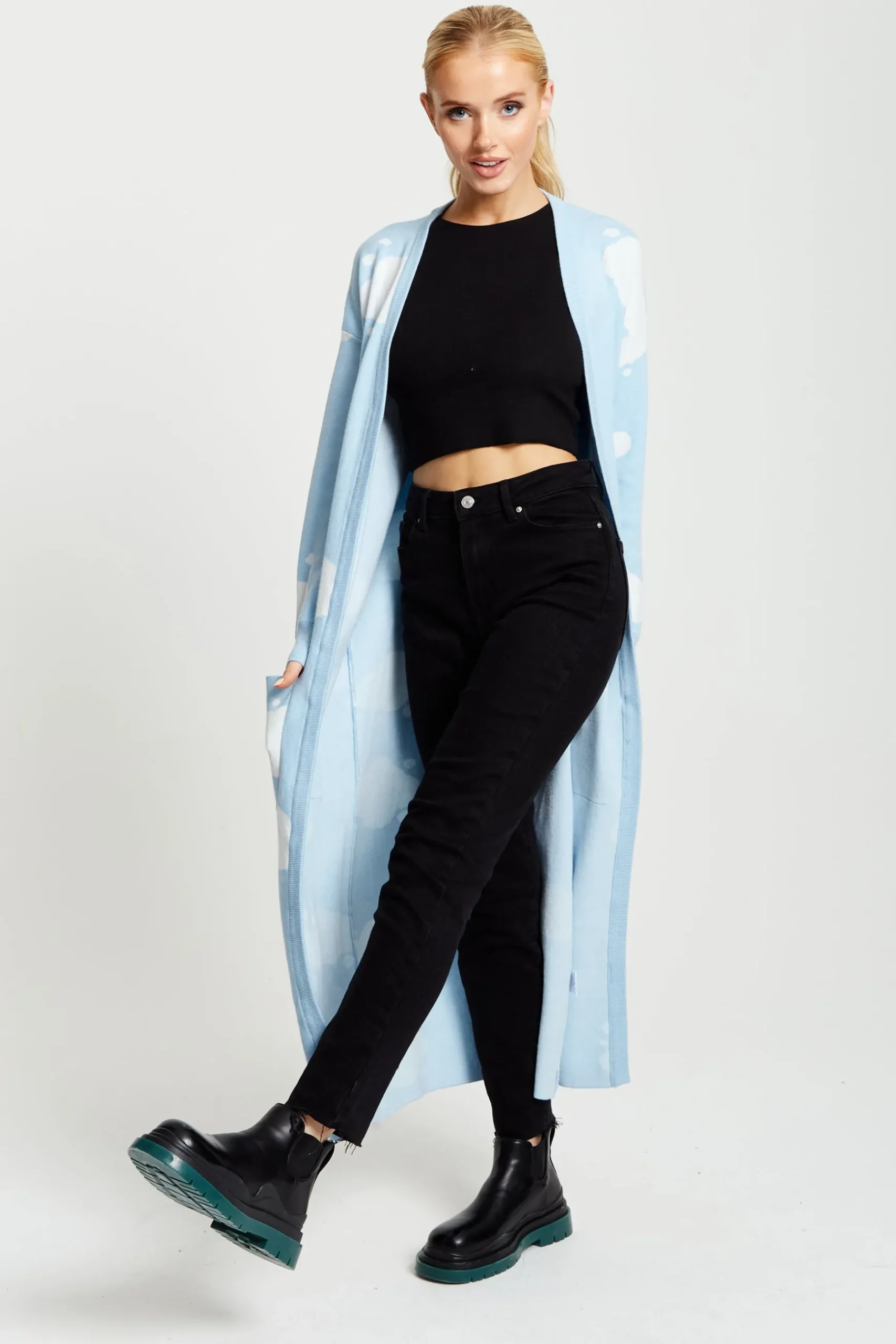 Women's Longline Cardigan in Light Blue with Cloud Pattern and Open Front Design - Liquorish