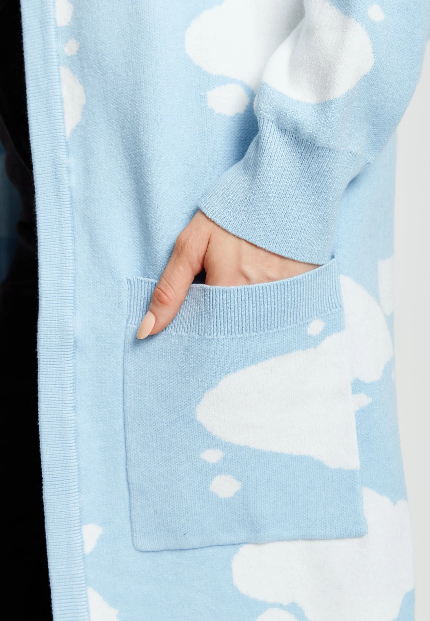 Women's Longline Cardigan in Light Blue with Cloud Pattern and Open Front Design - Liquorish