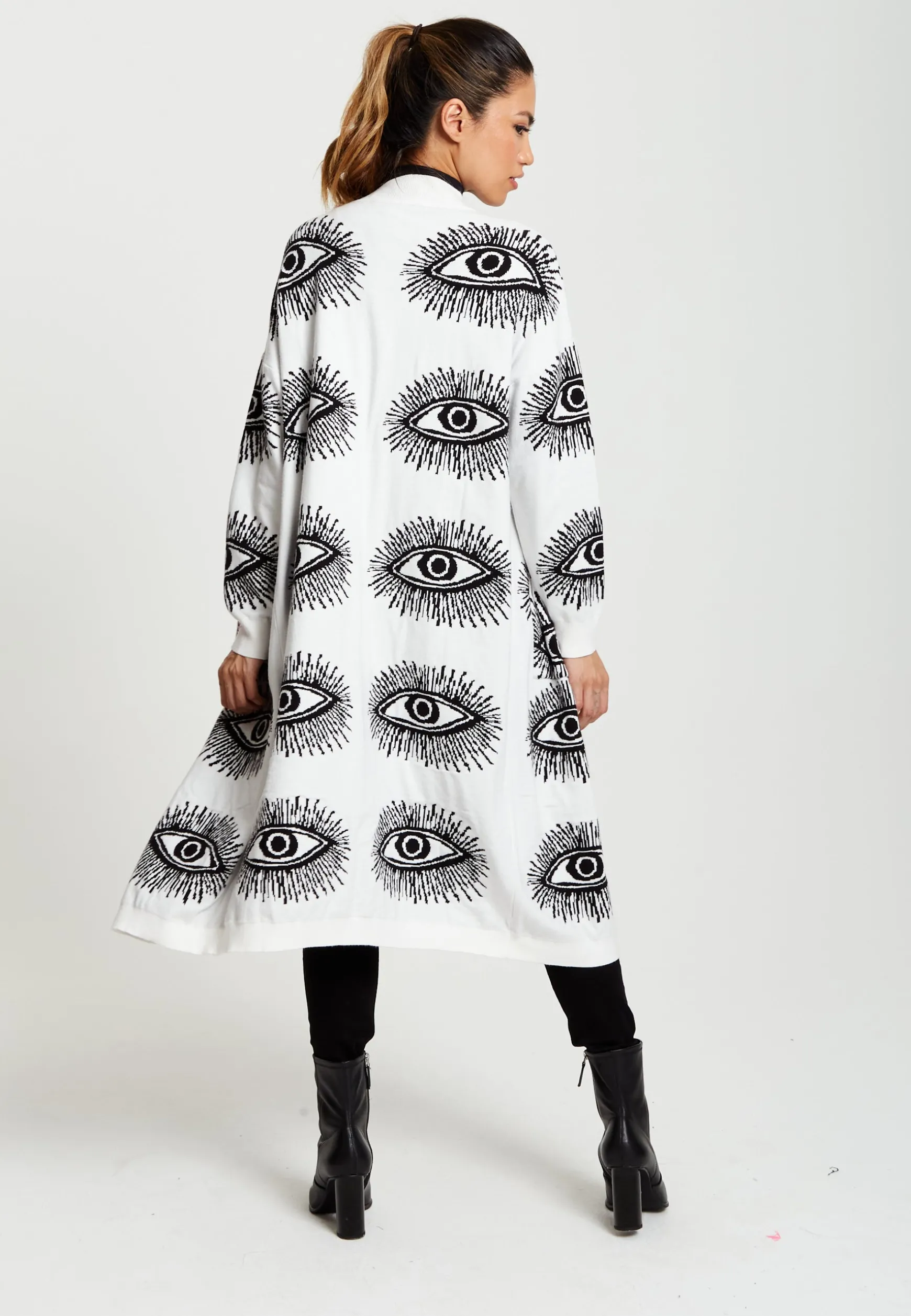 Women's Longline Cardigan with Eye Pattern, Open Front, White Color, Relaxed Fit - Liquorish
