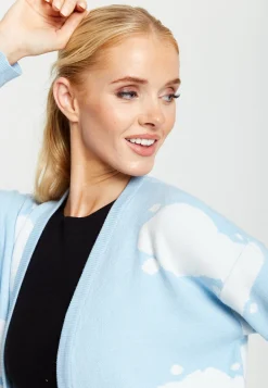 Women's Longline Cardigan in Light Blue with Cloud Pattern and Open Front Design - Liquorish
