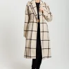 Women's Longline Check Coat with Notch Collar, Front Buttons, and Side Pockets - Liquorish