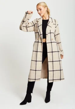 Women's Longline Check Coat with Notch Collar, Front Buttons, and Side Pockets - Liquorish