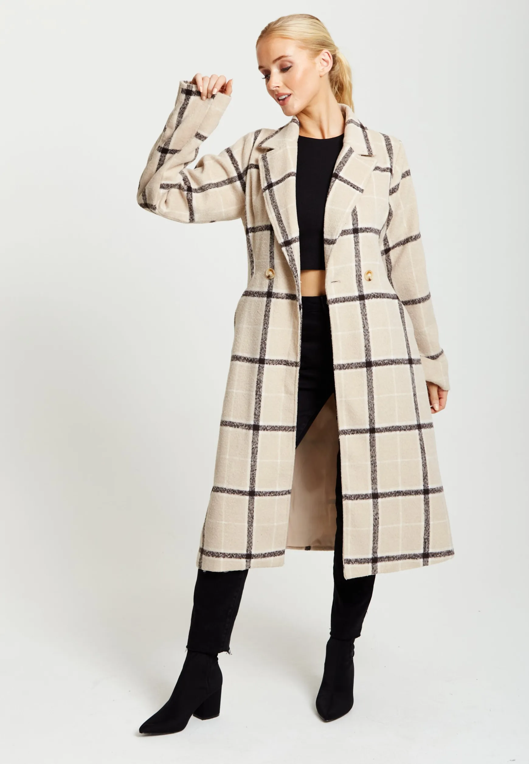 Women's Longline Check Coat with Notch Collar, Front Buttons, and Side Pockets - Liquorish