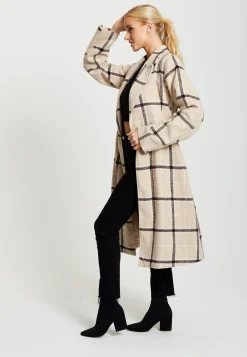 Women's Longline Check Coat with Notch Collar, Front Buttons, and Side Pockets - Liquorish