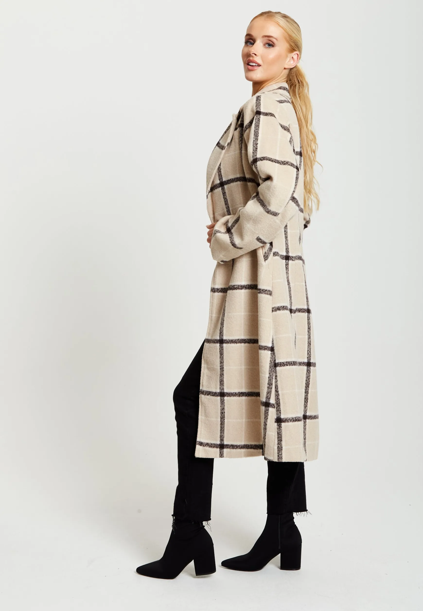 Women's Longline Check Coat with Notch Collar, Front Buttons, and Side Pockets - Liquorish