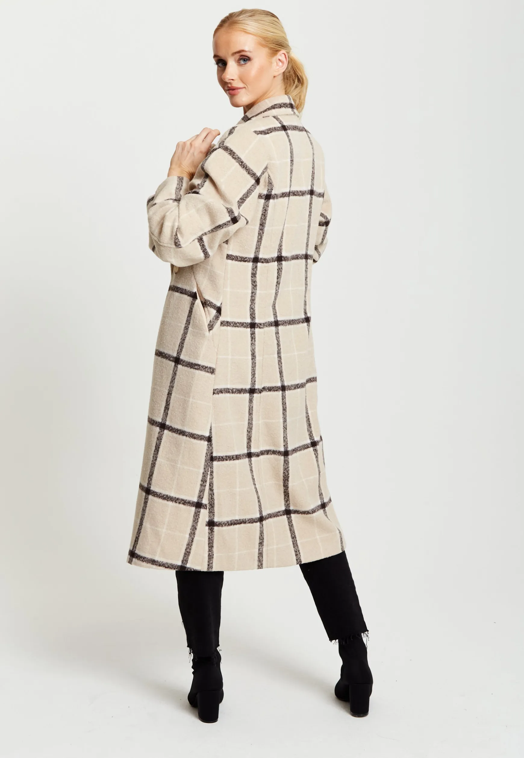 Women's Longline Check Coat with Notch Collar, Front Buttons, and Side Pockets - Liquorish