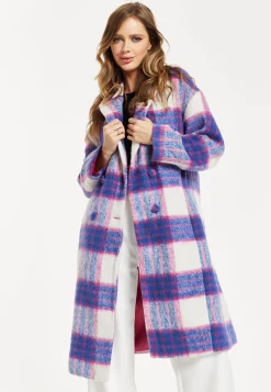 Women's Longline Coat in Pink and Navy Check with Notch Collar and Side Pockets, Relaxed Fit by Liquorish