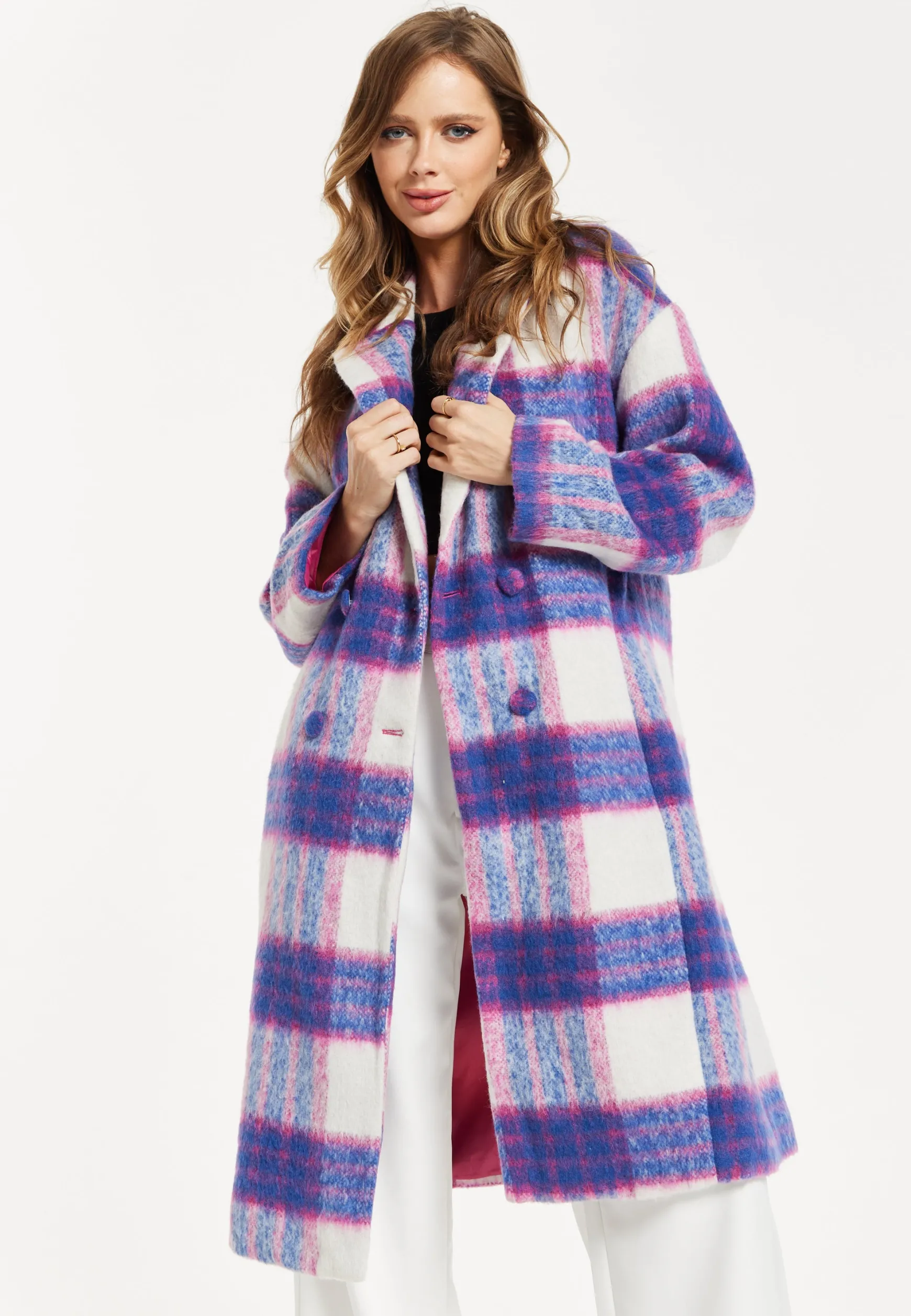 Women's Longline Coat in Pink and Navy Check with Notch Collar and Side Pockets, Relaxed Fit by Liquorish