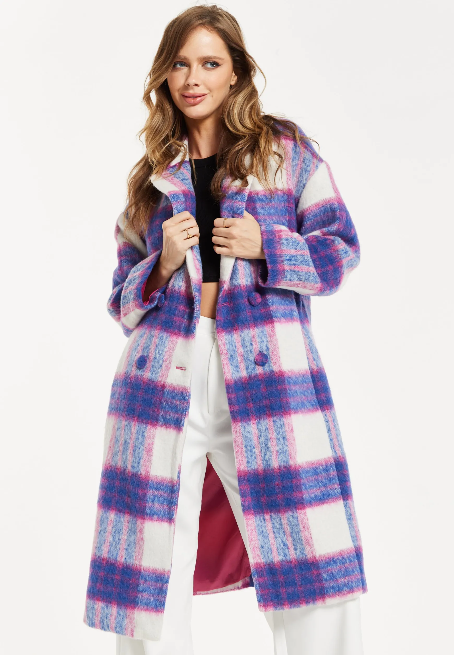 Women's Longline Coat in Pink and Navy Check with Notch Collar and Side Pockets, Relaxed Fit by Liquorish