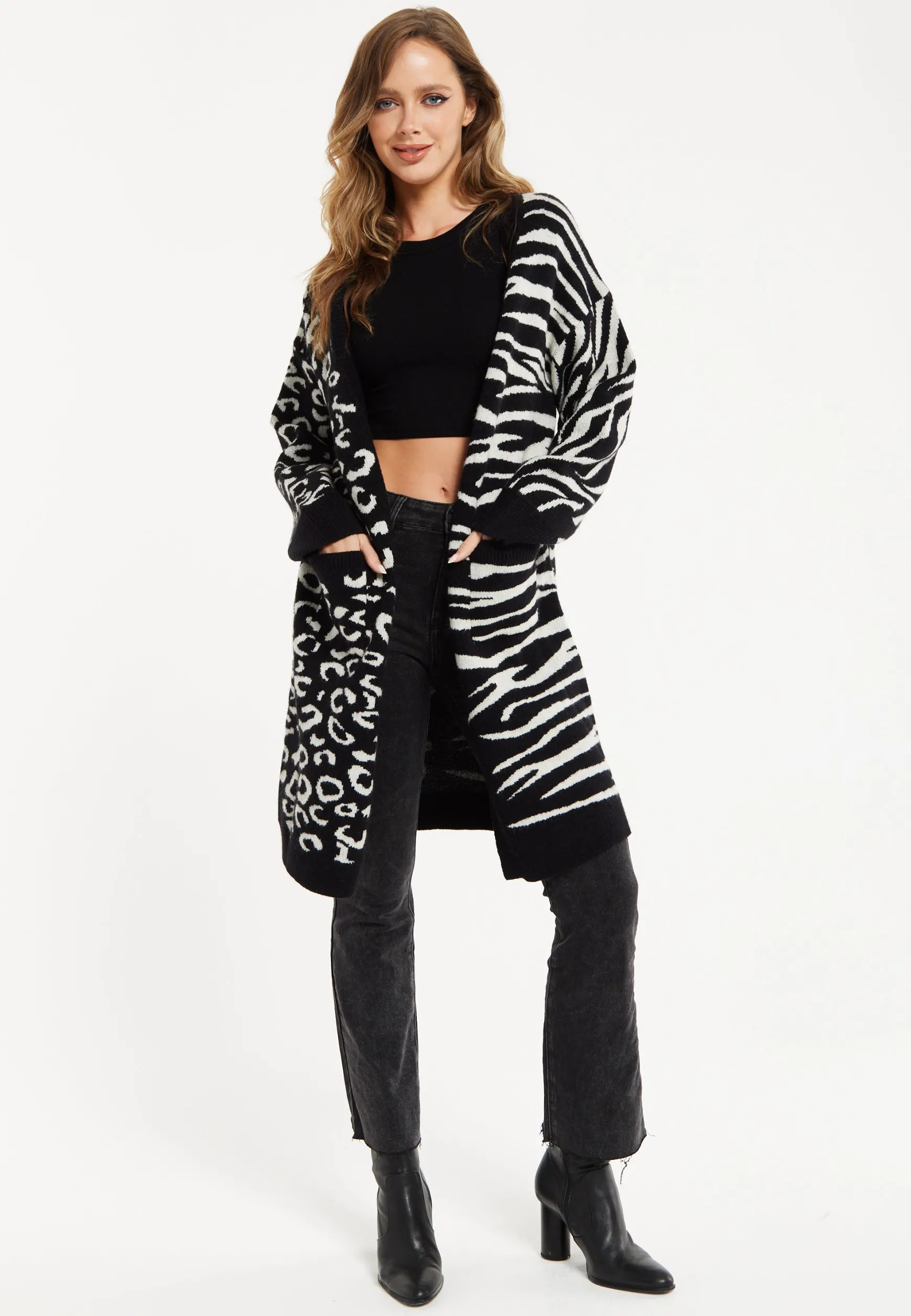 Women's Longline Oversized Cardigan in Black and White Animal Print - Unique Contrast Design by Liquorish