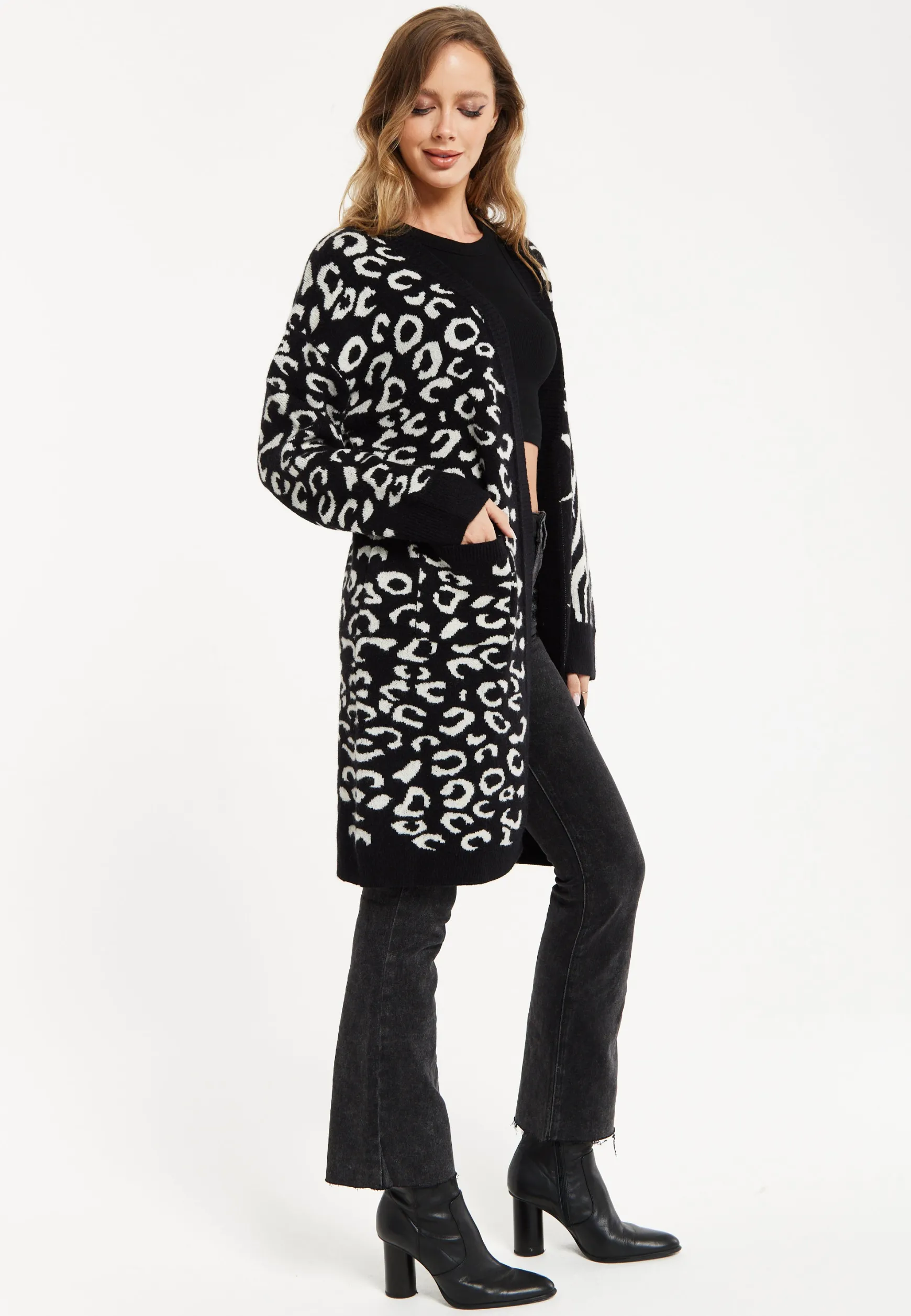 Women's Longline Oversized Cardigan in Black and White Animal Print - Unique Contrast Design by Liquorish