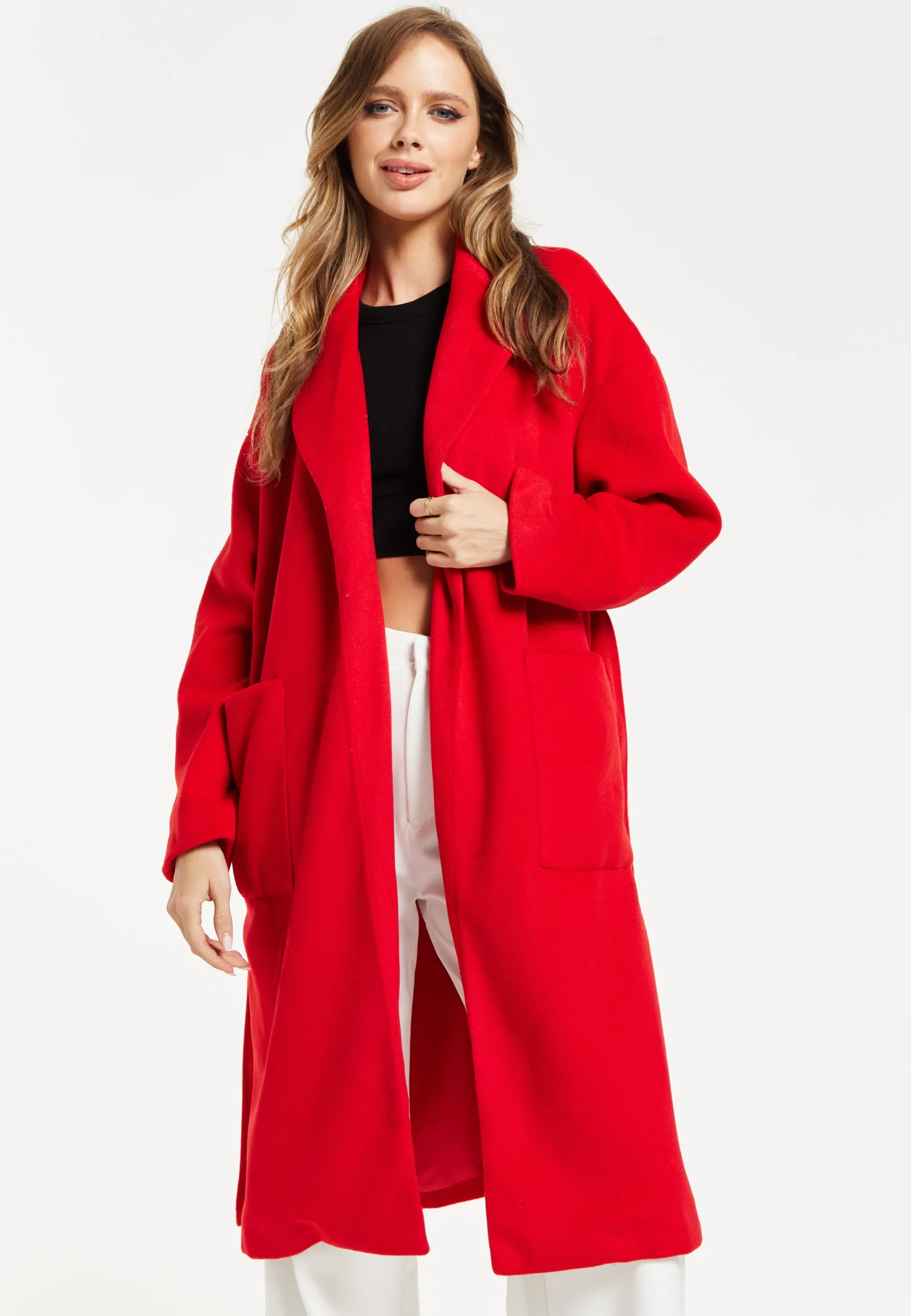 Women's Longline Red Coat with Notch Collar, Tie Waist, and Side Pockets - Relaxed Fit by Liquorish