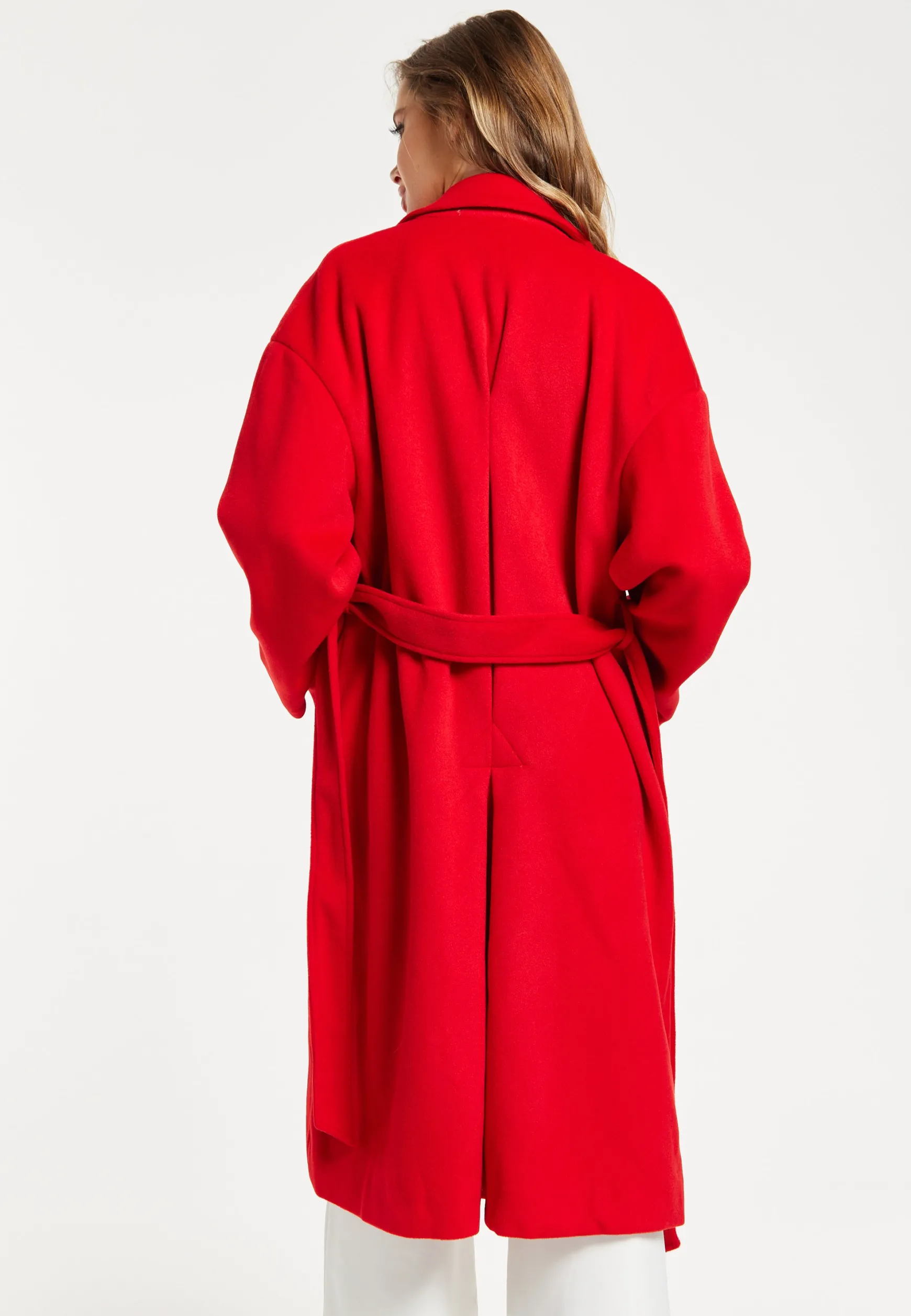 Women's Longline Red Coat with Notch Collar, Tie Waist, and Side Pockets - Relaxed Fit by Liquorish