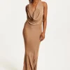 Women's Maxi Dress - Gold Full Lurex Jersey, Bodycon Fit, Halter Neck, Sleeveless, by Liquorish