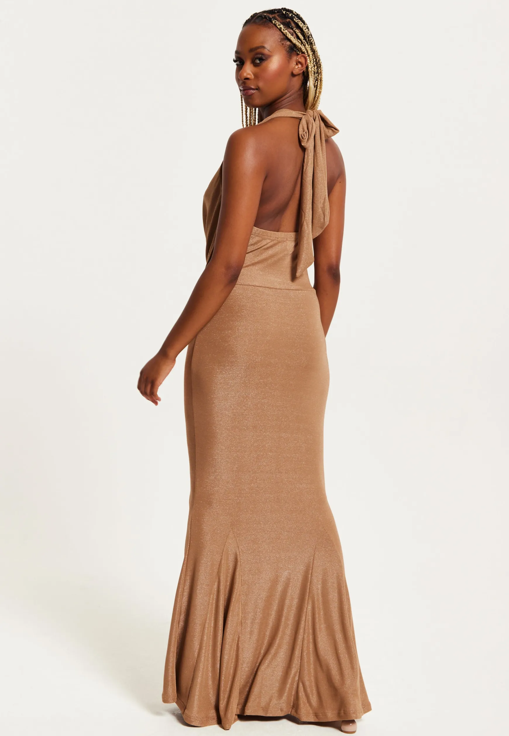 Women's Maxi Dress - Gold Full Lurex Jersey, Bodycon Fit, Halter Neck, Sleeveless, by Liquorish