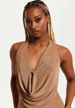 Women's Maxi Dress - Gold Full Lurex Jersey, Bodycon Fit, Halter Neck, Sleeveless, by Liquorish