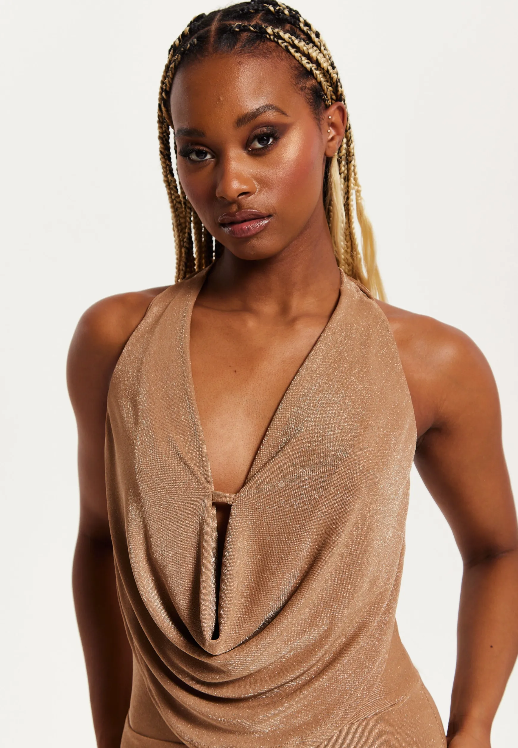 Women's Maxi Dress - Gold Full Lurex Jersey, Bodycon Fit, Halter Neck, Sleeveless, by Liquorish