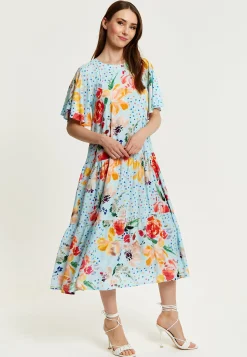 Women's Maxi Dress - Relaxed Fit Blue Floral Print Midi Smock Dress with Short Sleeves - Perfect Summer Style by Liquorish