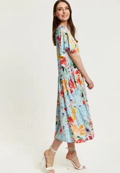 Women's Maxi Dress - Relaxed Fit Blue Floral Print Midi Smock Dress with Short Sleeves - Perfect Summer Style by Liquorish