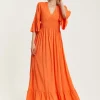 Women's Maxi Dress - Vibrant Orange with Frill Sleeves - Elegant V-Neck Design - Comfortable Regular Fit - Liquorish