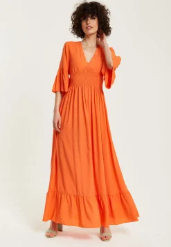 Women's Maxi Dress - Vibrant Orange with Frill Sleeves - Elegant V-Neck Design - Comfortable Regular Fit - Liquorish