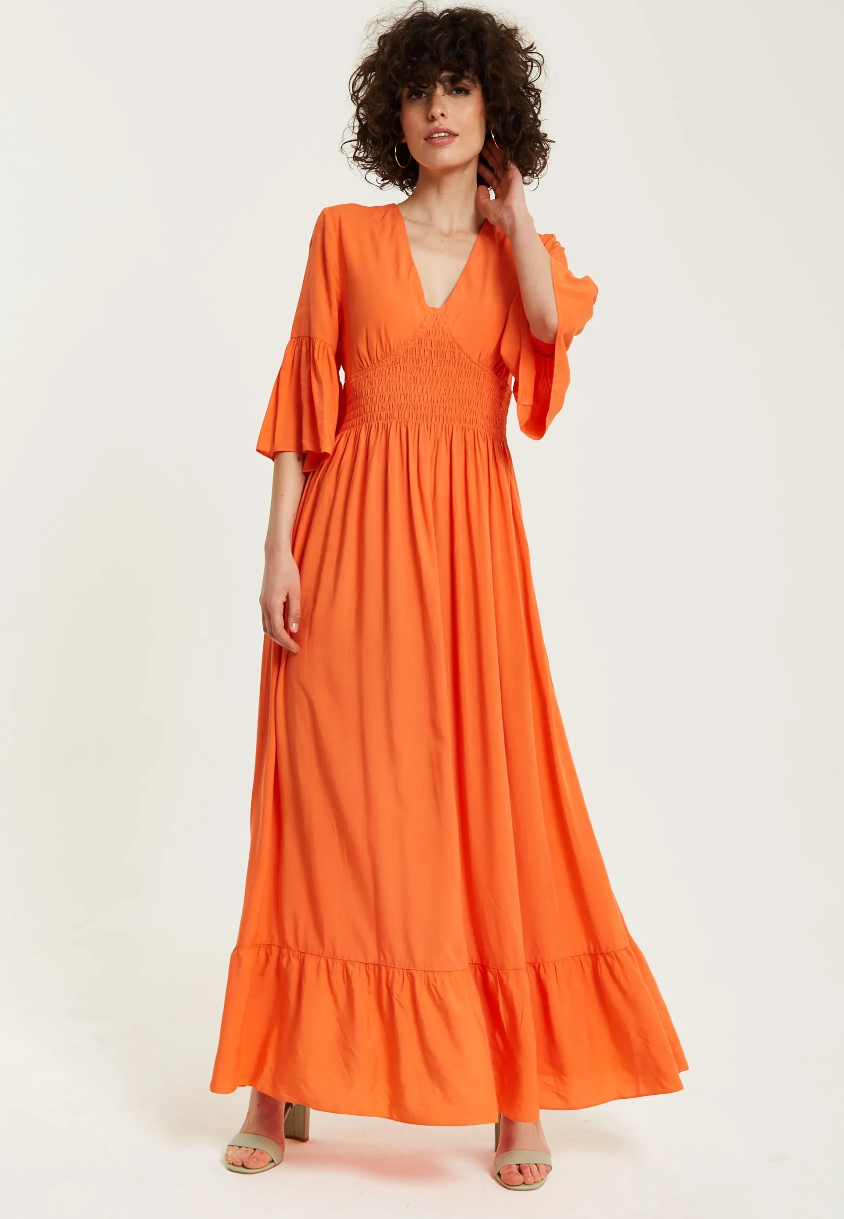 Women's Maxi Dress - Vibrant Orange with Frill Sleeves - Elegant V-Neck Design - Comfortable Regular Fit - Liquorish